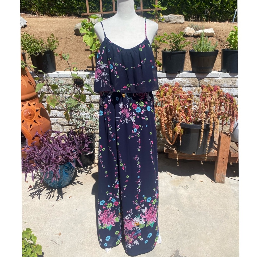 Retro Navy Blue Chrysanthemum Maxi Dress